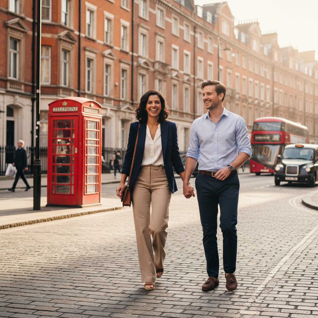 A professional expat couple in their 30s walking happily through a sunny London street with a classic red telephone booth and historic buildings in the background, photorealistic, cinematic lighting, 8k resolution