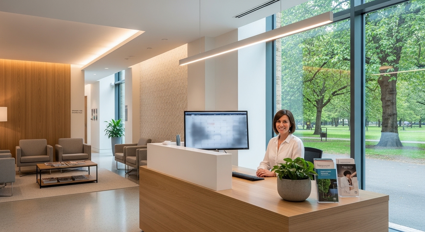 The interior of a modern and bright private medical clinic in London, featuring clean minimalist design, a friendly receptionist, and large windows with a view of a green park, photorealistic, 4k