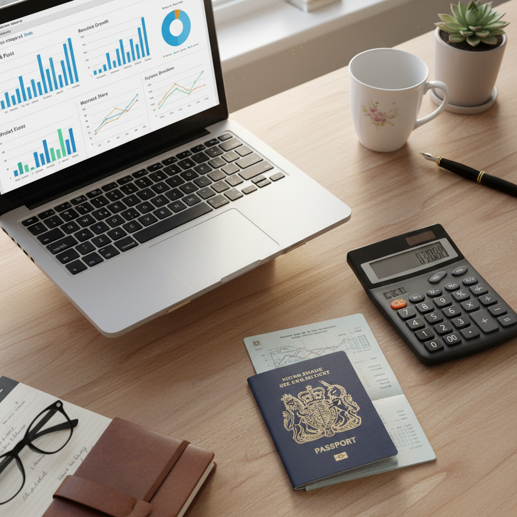 A photorealistic, top-down view of a tidy home office desk featuring a UK passport, a calculator, and a sleek laptop showing a professional financial dashboard with charts, soft morning sunlight.