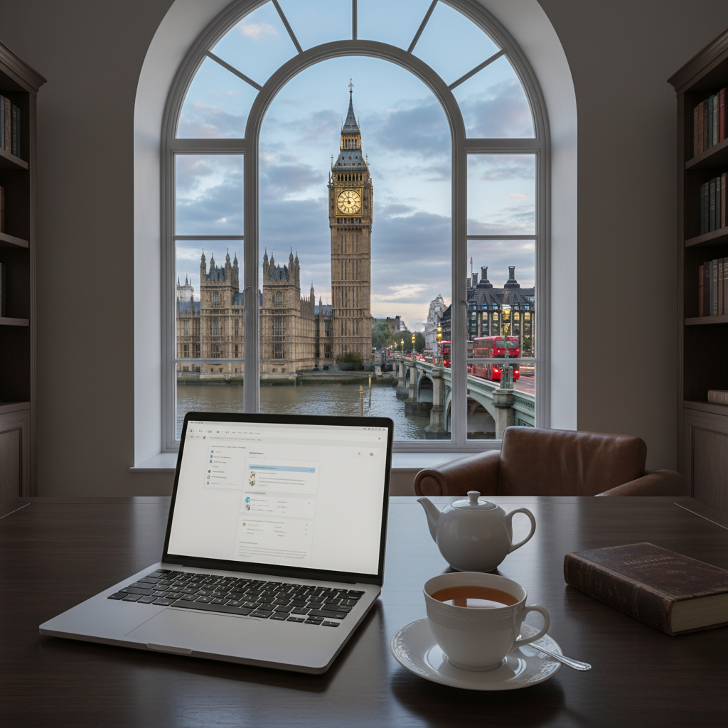 A professional desk setting with a laptop, a cup of English tea, and a view of the London Big Ben through the window, photorealistic, cinematic lighting, 8k resolution.