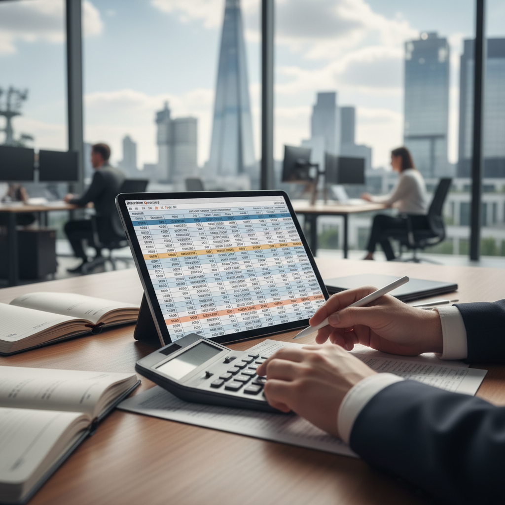 A close-up of a person using a calculator and a tablet to manage financial spreadsheets, with a blurred background of a modern London office, photorealistic, sharp focus, 8k resolution.