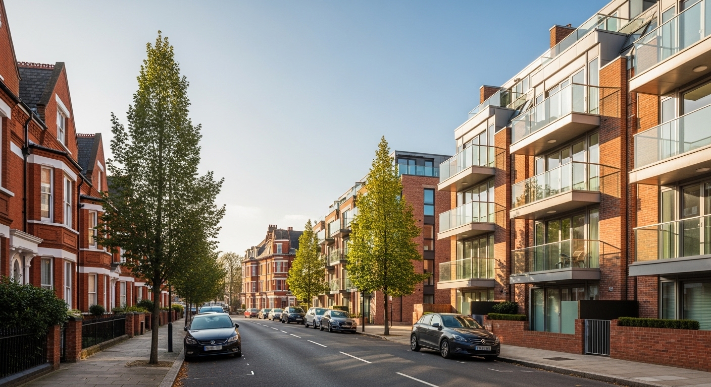 A photorealistic shot of a modern, stylish residential street in a British city, featuring red brick architecture mixed with contemporary glass balconies, clean street, daytime.