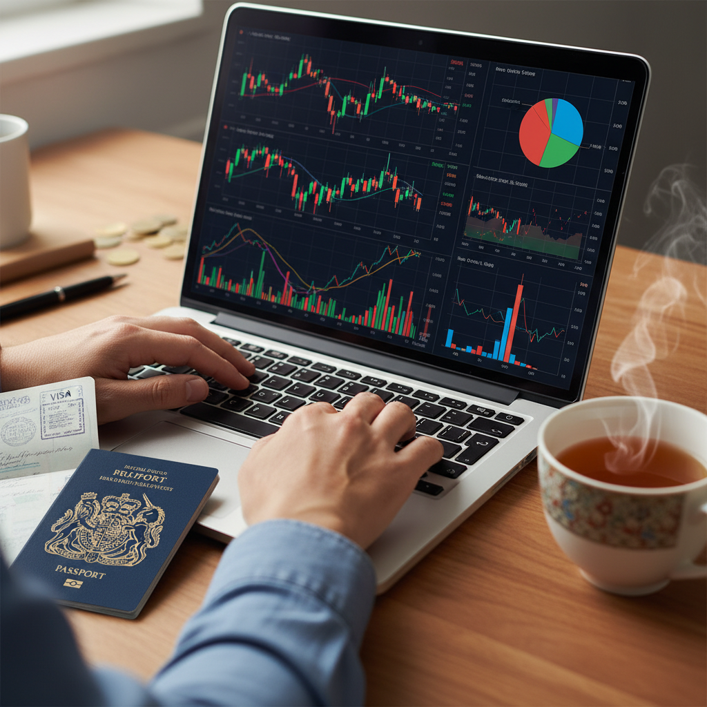A close-up, photorealistic image of a person's hands using a laptop displaying various financial charts and graphs, with a British passport and a cup of tea on a wooden desk.